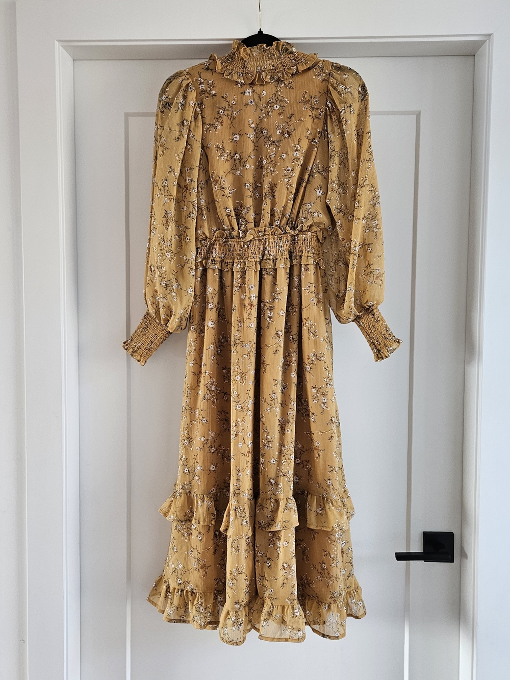 Smocked Waist Mustard Floral Maxi Dress with Ruffled Neck